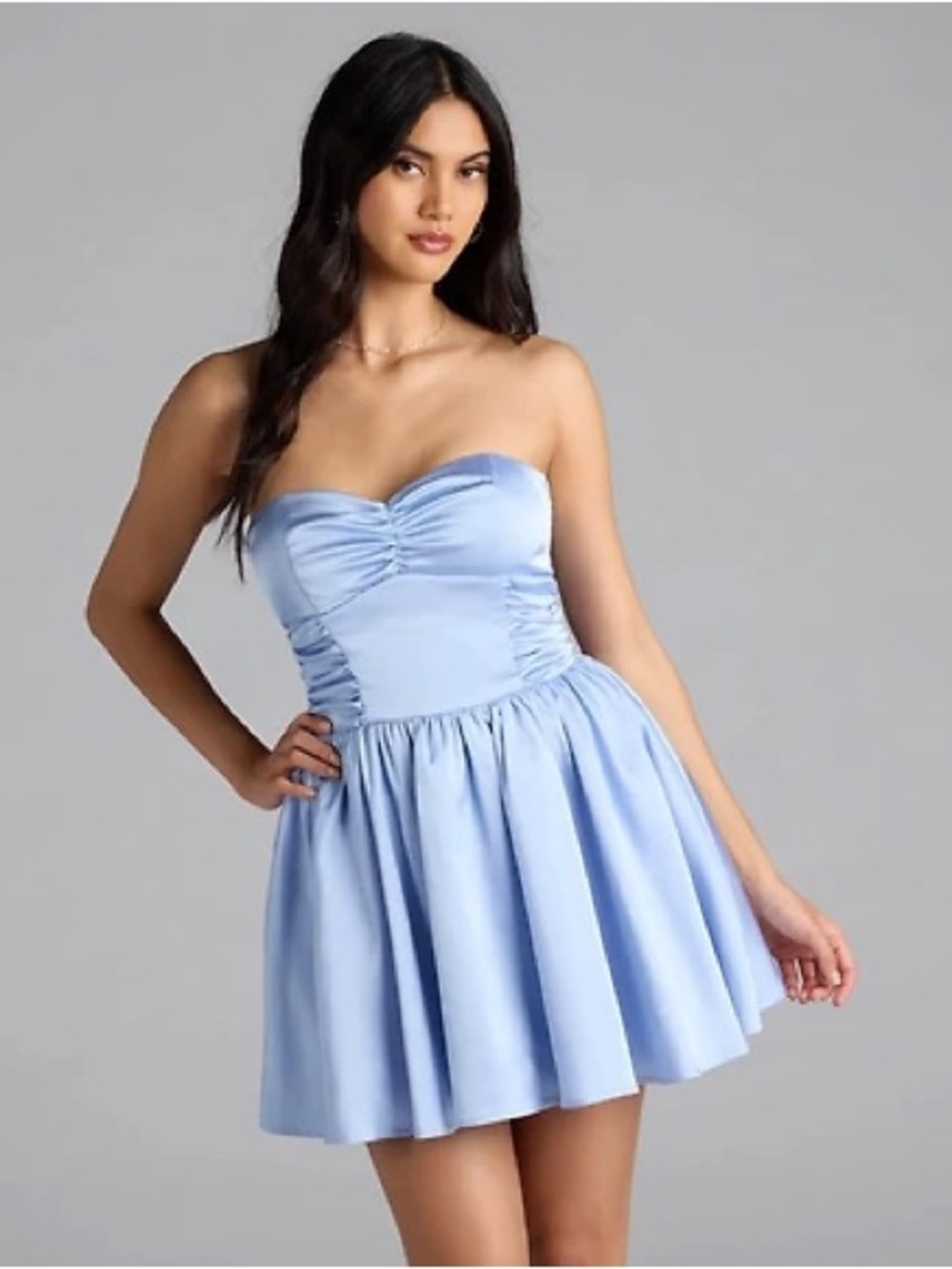 Windsor Lorena Satin Light Blue Strapless Ruched Fit & Flare Dress NWT Hoco XS
